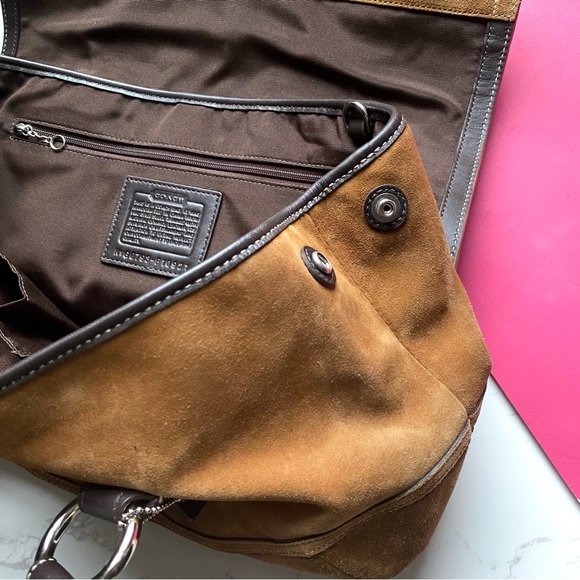 Coach Camel Suede Buckle Flap Top Satchel Purse - Picture 8 of 11